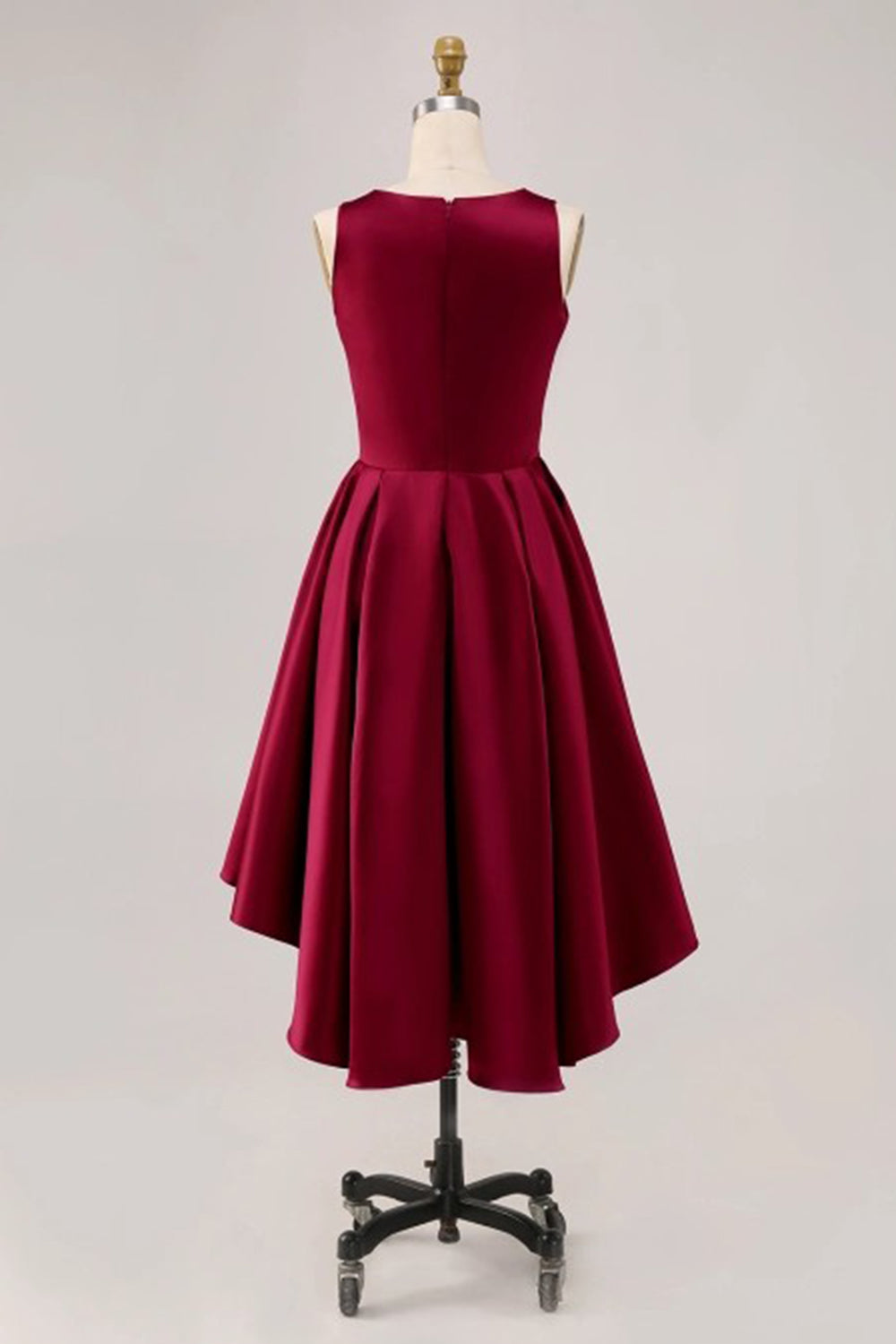 Burgundy A-Line High-Low Ruched Satin Midi Dress