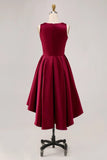 Burgundy A-Line High-Low Ruched Satin Midi Dress