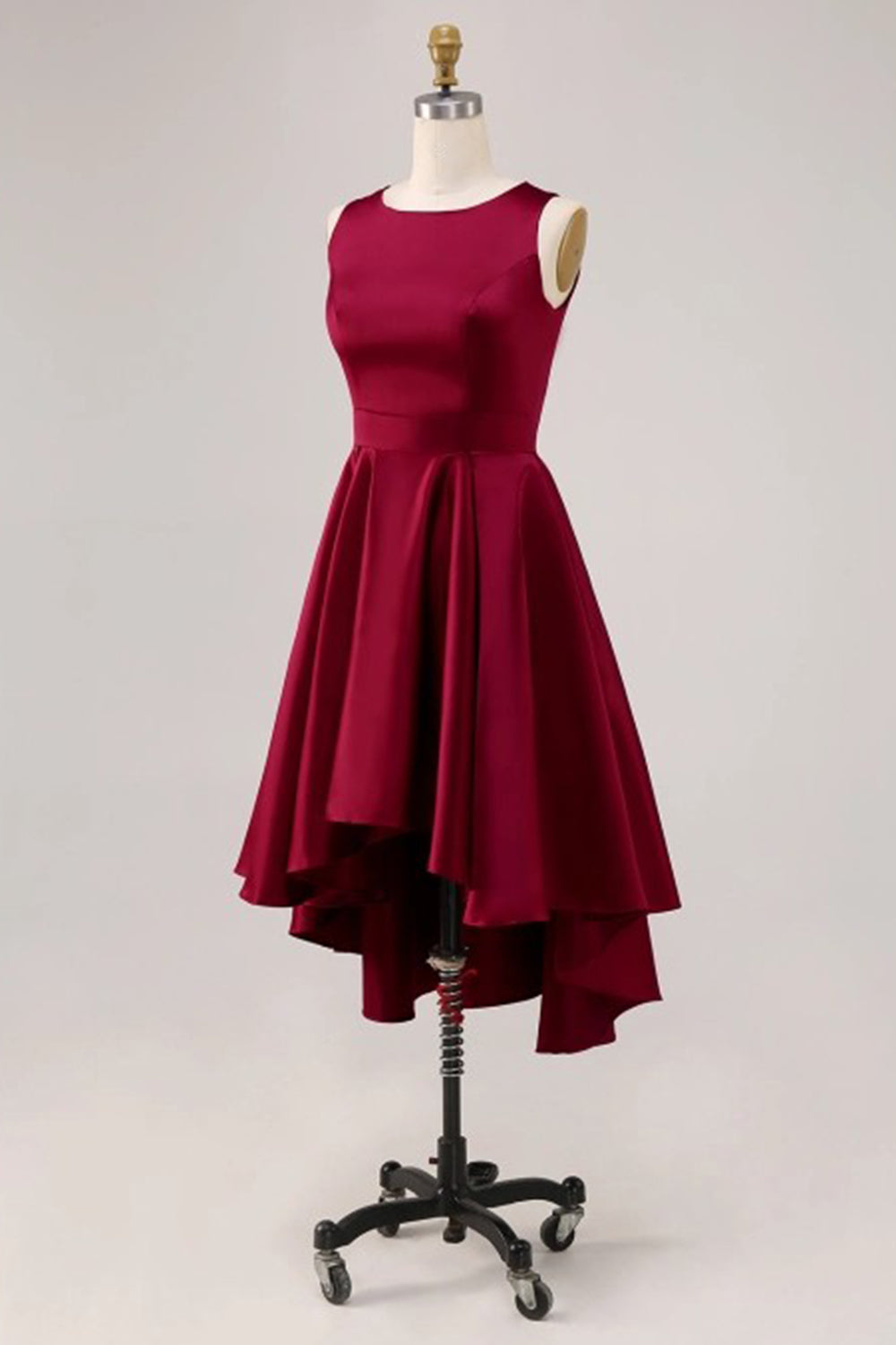 Burgundy A-Line High-Low Ruched Satin Midi Dress