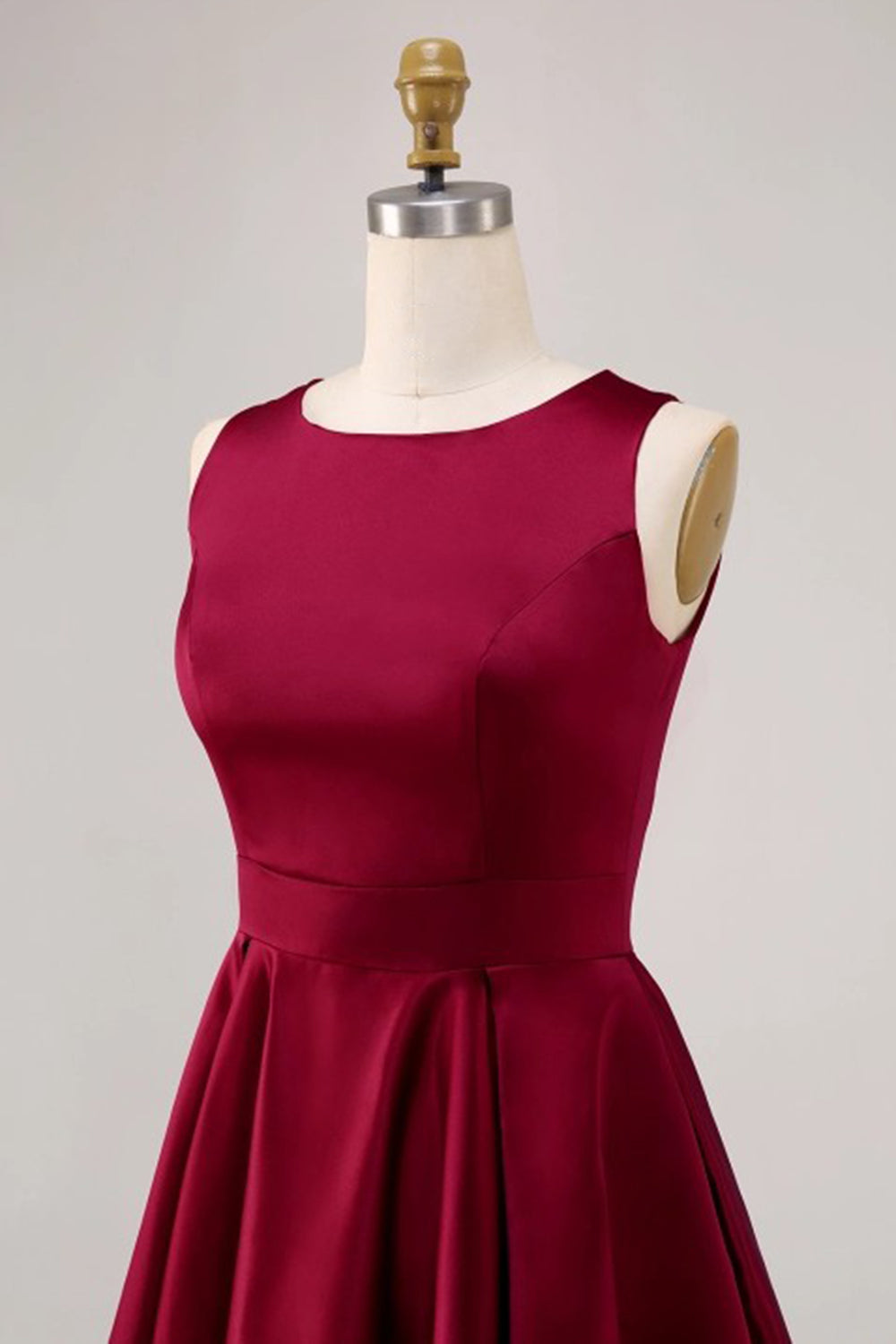 Burgundy A-Line High-Low Ruched Satin Midi Dress