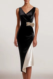 Black Sheath V-Neck Semi-Formal Dress With Bow