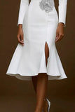 White Mermaid Notched Lapel Midi Work Dress With Slit
