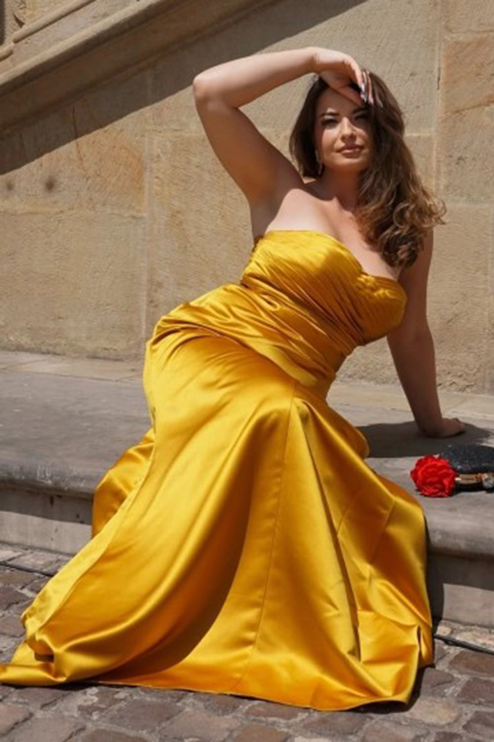 Yellow Strapless Ruched Satin Maxi Formal Dress