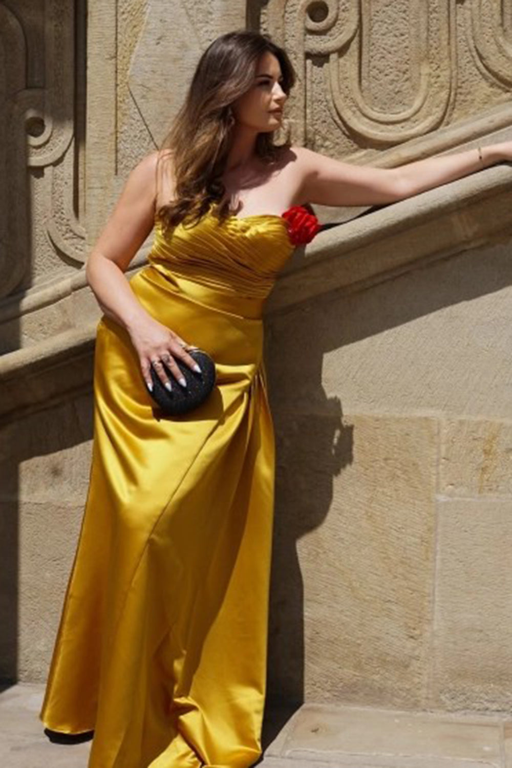 Yellow Strapless Ruched Satin Maxi Formal Dress