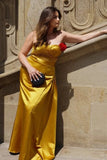 Yellow Strapless Ruched Satin Maxi Formal Dress
