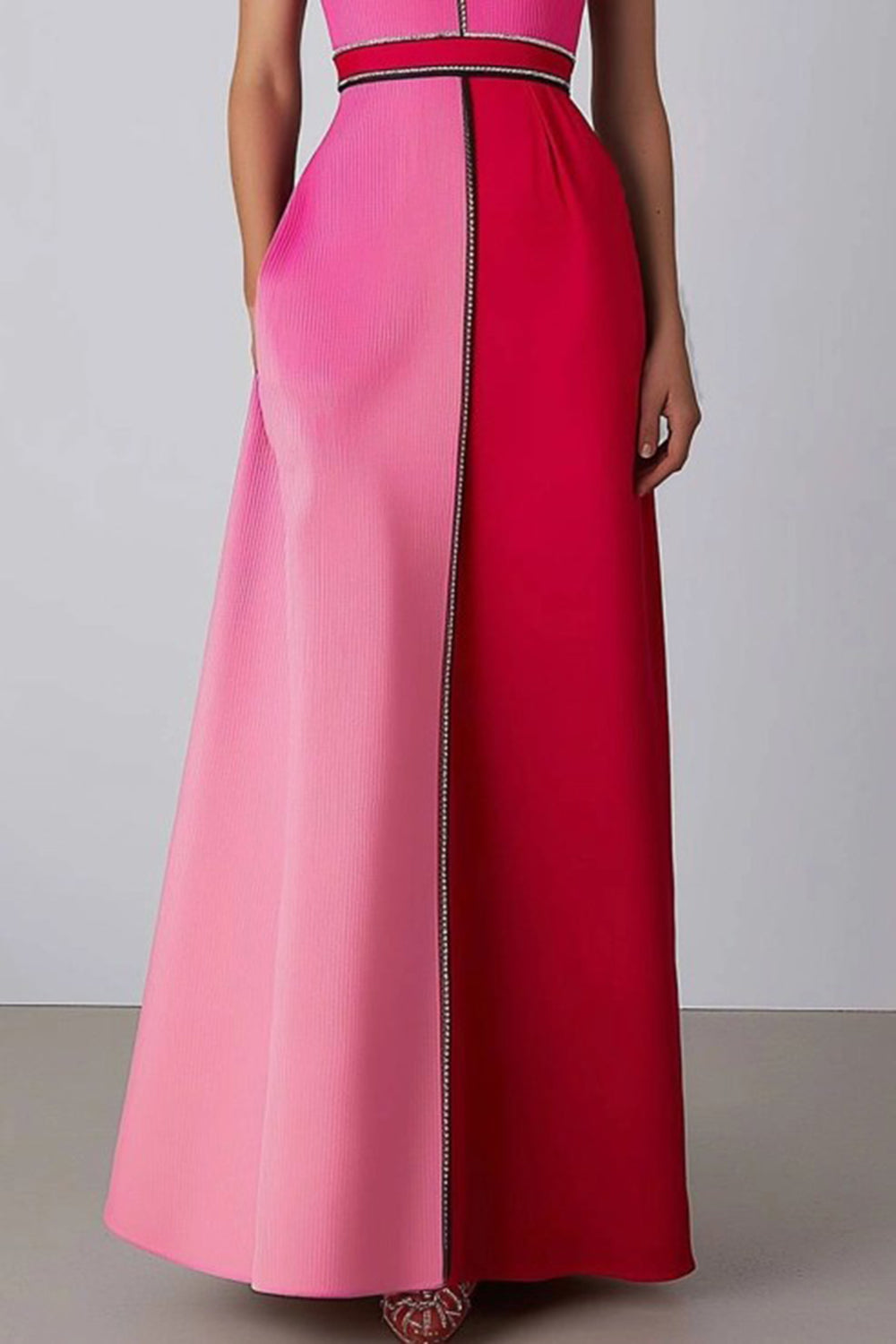 Pink Colorblock High Neck Maxi Formal Dress