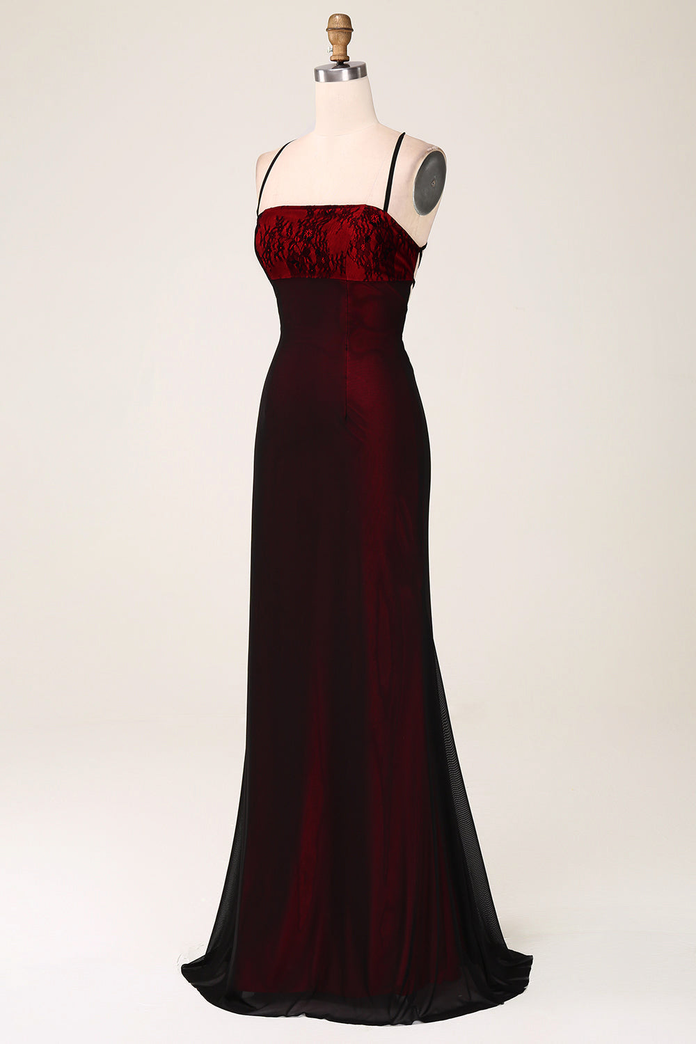 Black Red Spaghetti Straps Sheath Maxi Dress with Lace-up Back
