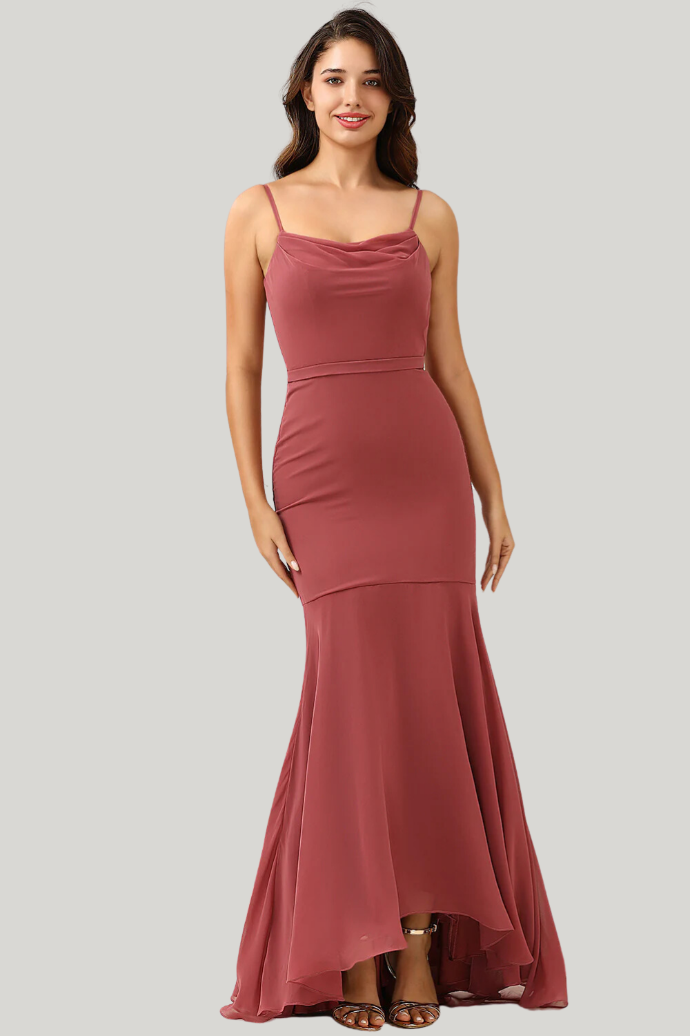 Desert Rose Spaghetti Straps Mermaid High Low Dress