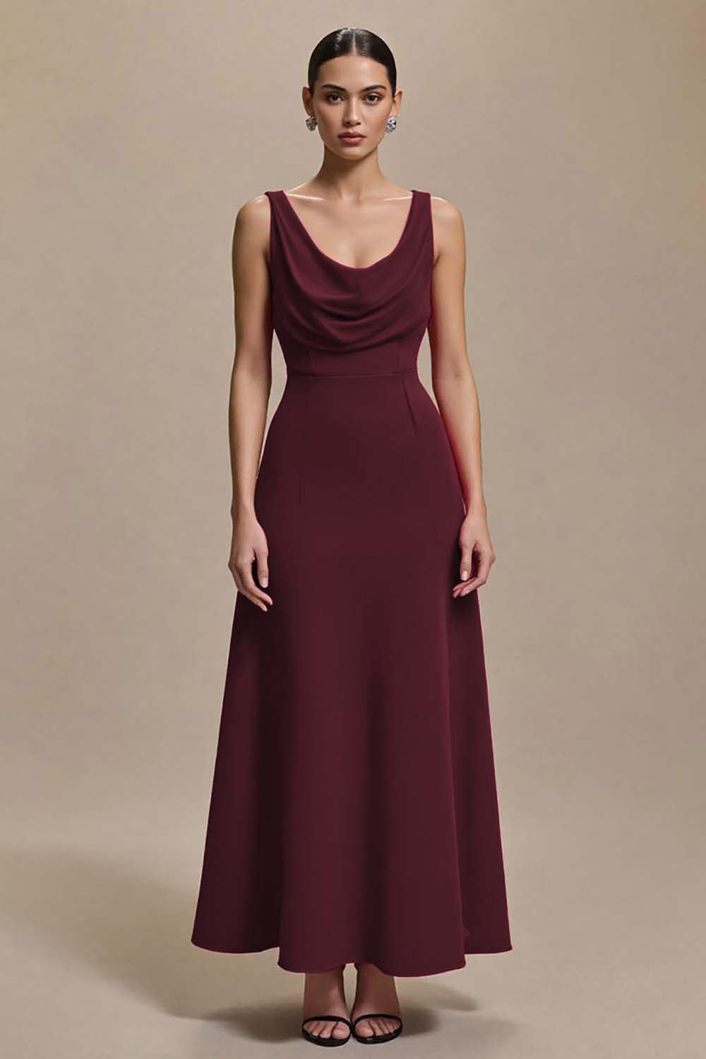 Red A-Line Cowl Neck Long Formal Dress