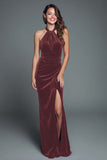 Halter Burgundy Velvet Sheath Holiday Dress With Slit