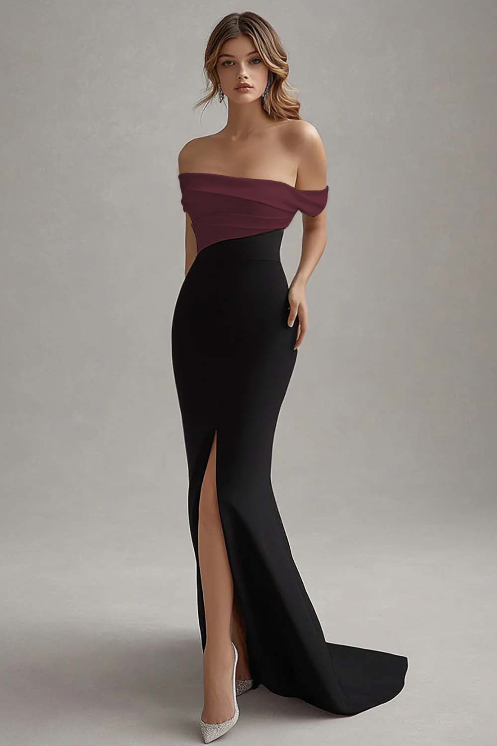 Elegant Off the Shoulder Black White Formal Dress with Slit