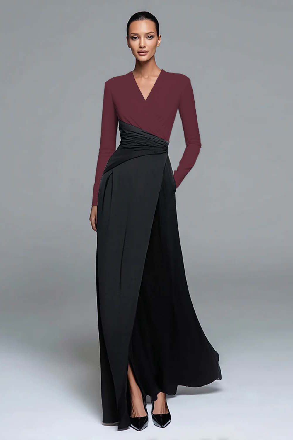 Black and White V-Neck Formal Dress with Long Sleeves