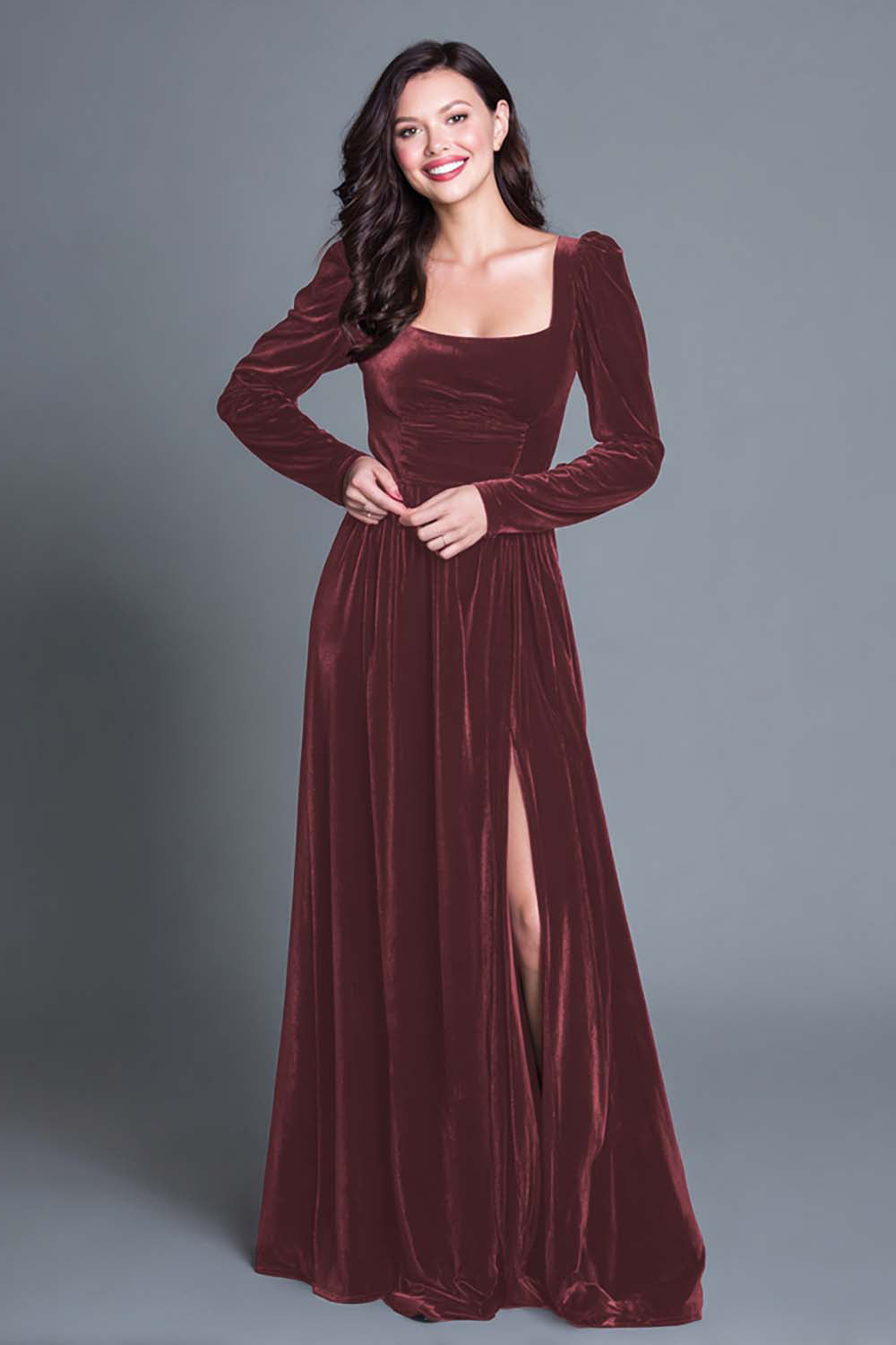 Burgundy Square Neck Velvet Holiday Party Dress With Slit