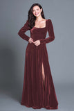 Burgundy Square Neck Velvet Holiday Party Dress With Slit