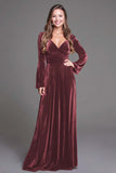 Burgundy A-Line Velvet Holiday Party Dress With Long Sleeves