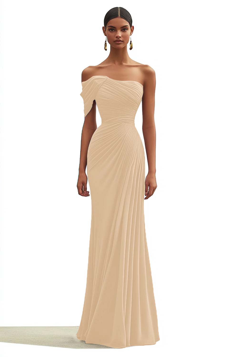 Dark Green One Shoulder Sheath Pleated Long Formal Dress