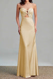 Pink Satin Strapless Cut Out Sheath Formal Dress