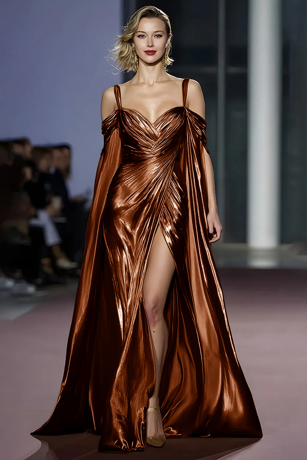 Metallic Golden Mermaid Cold Shoulder Ruched Gala Dress With Slit