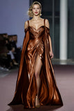 Metallic Golden Mermaid Cold Shoulder Ruched Gala Dress With Slit