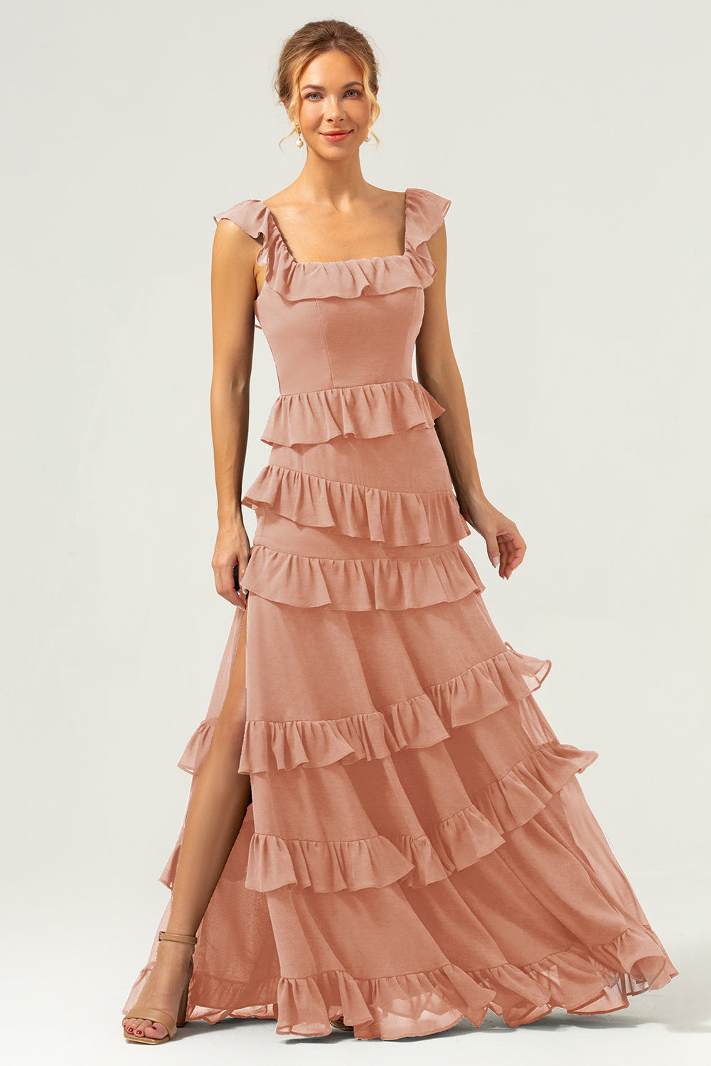 Dark Navy A Line Tiered Chiffon Maxi Bridesmaid Dress