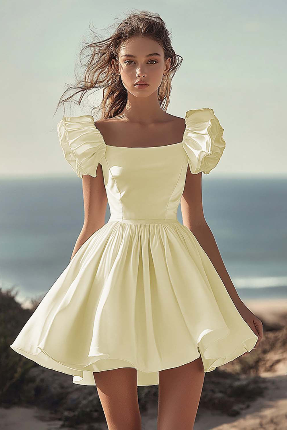 White Puff Sleeve A Line Satin Graduation Dress