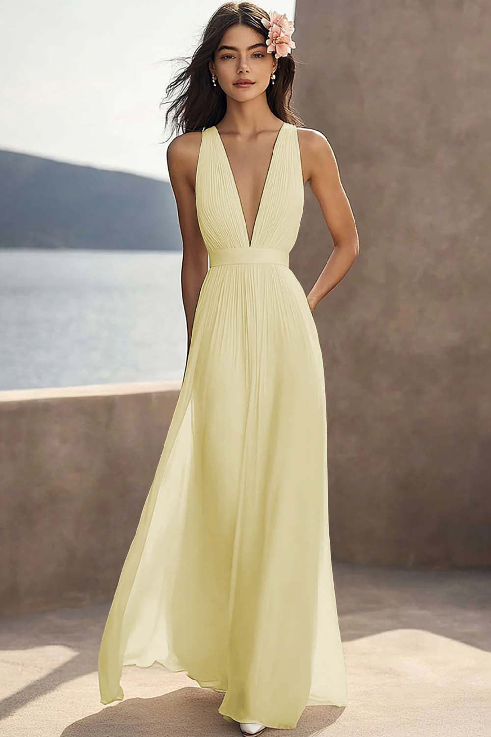 A Line Ivory V-Neck Long Engagement Dress