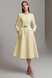 Ivory Long Sleeve A-Line Round Neck Midi Work Dress With Belt