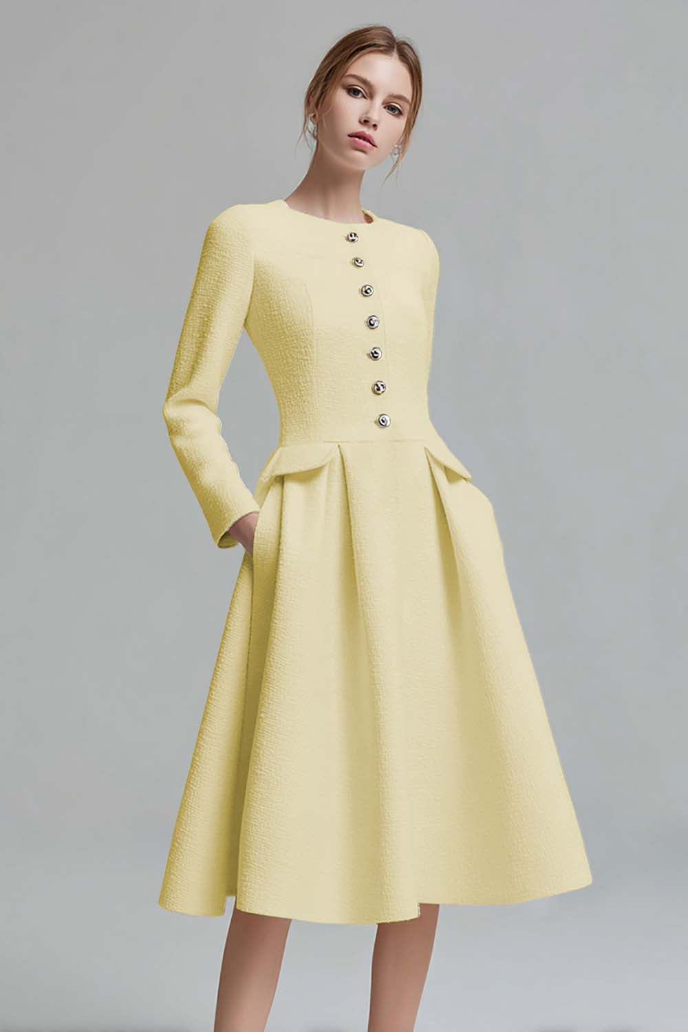 Ivory A-Line Round Neck Tweed Long Sleeve Work Dress