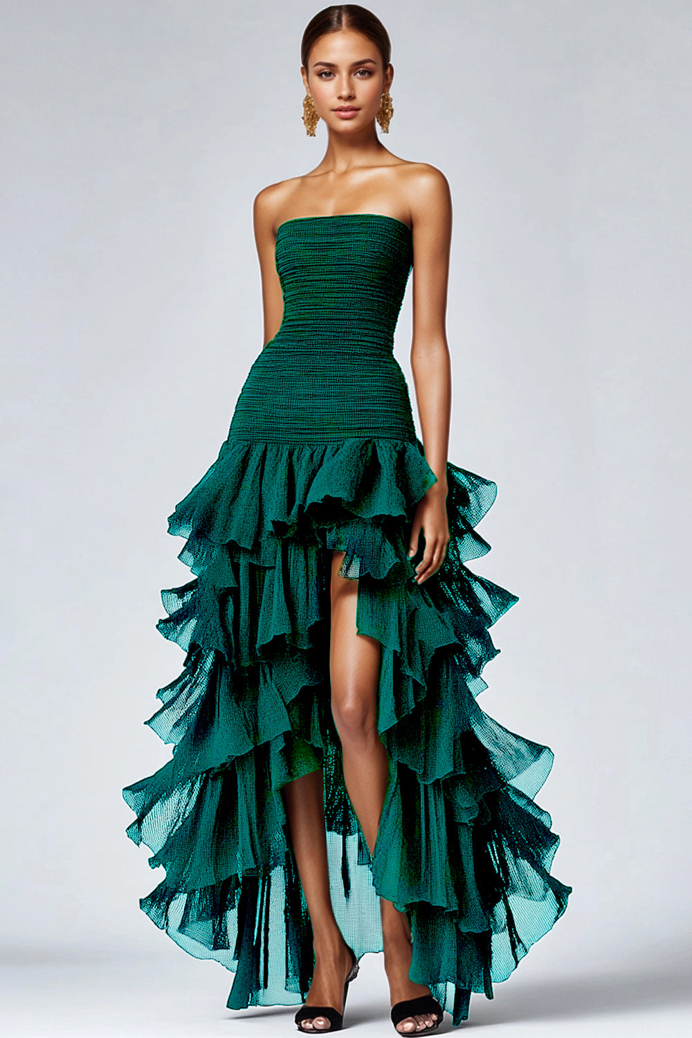 Black Strapless Tiered Ruffled Formal Dress with Slit
