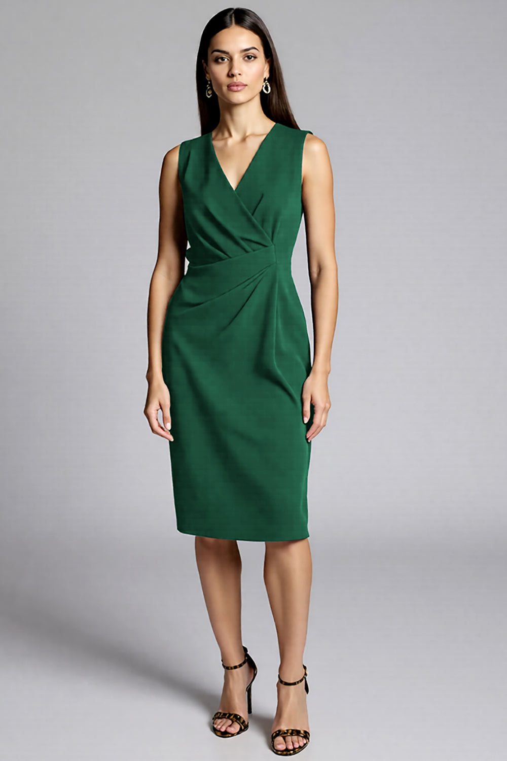 Navy Sheath V-Neck Midi Dress