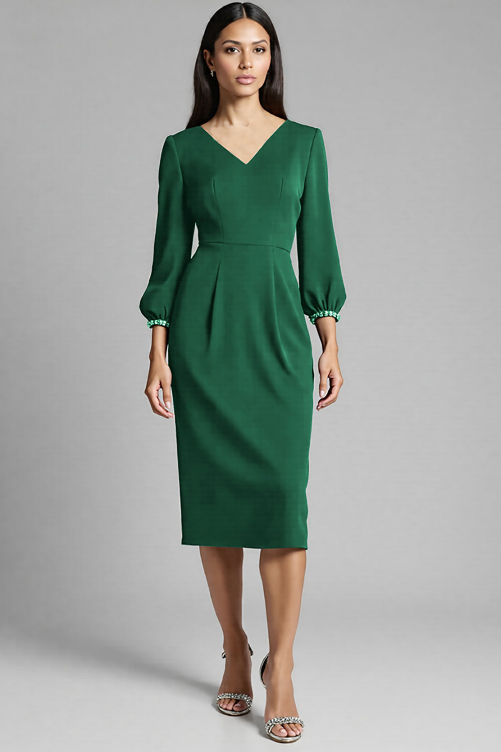 Navy V-Neck Sheath Midi Dress with 3/4 Sleeves