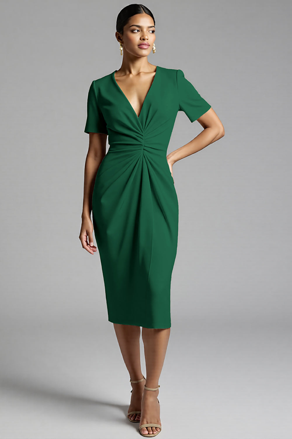 Ruched Champagne Bodycon Midi Dress