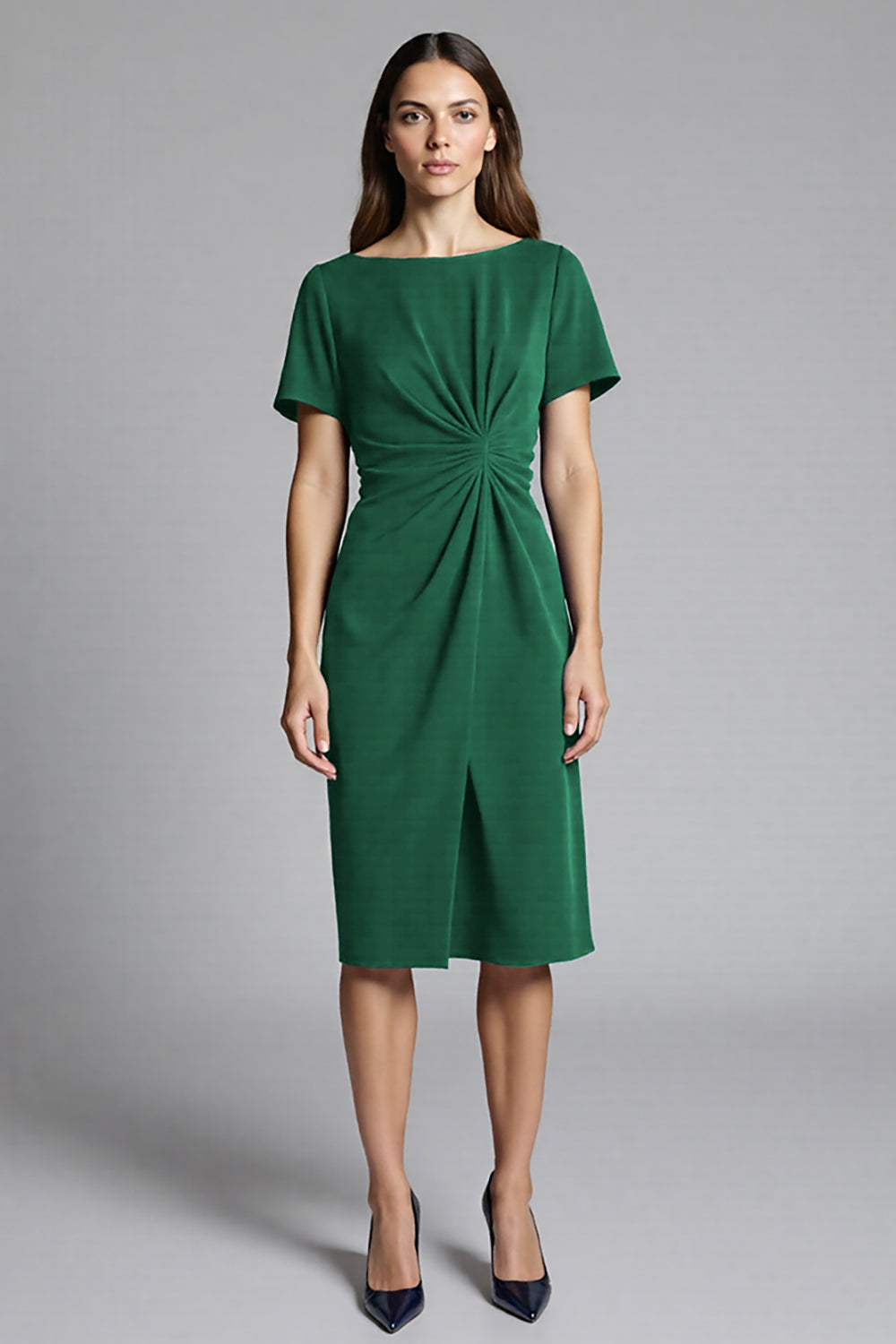 Navy Sheath Short Sleeve Midi Dress