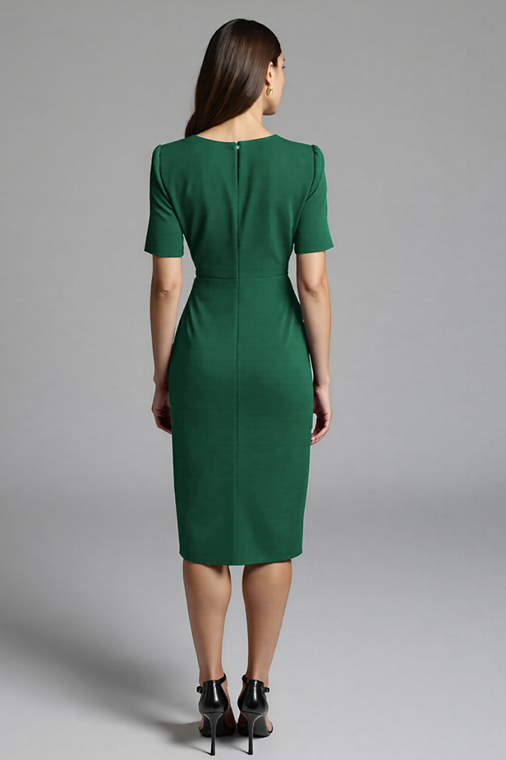 Ruched Navy Short Sleeve V-Neck Midi Dress