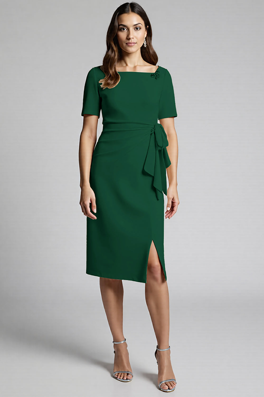 Ruffled Champagne Sheath Midi Dress with Slit