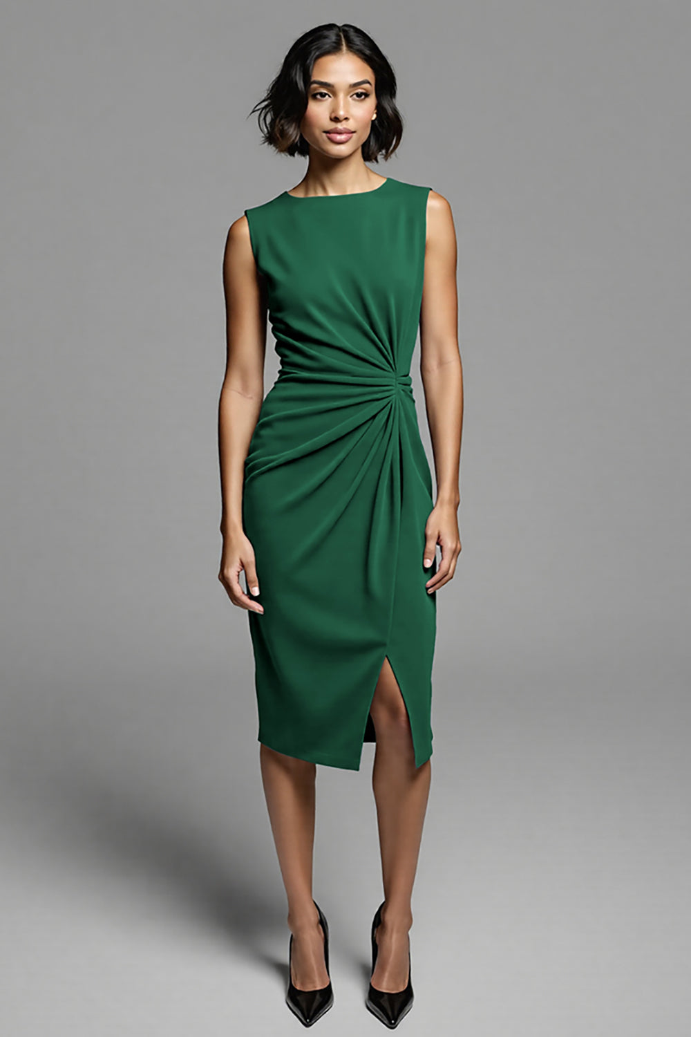 Grey Ruched Midi Dress with Slit