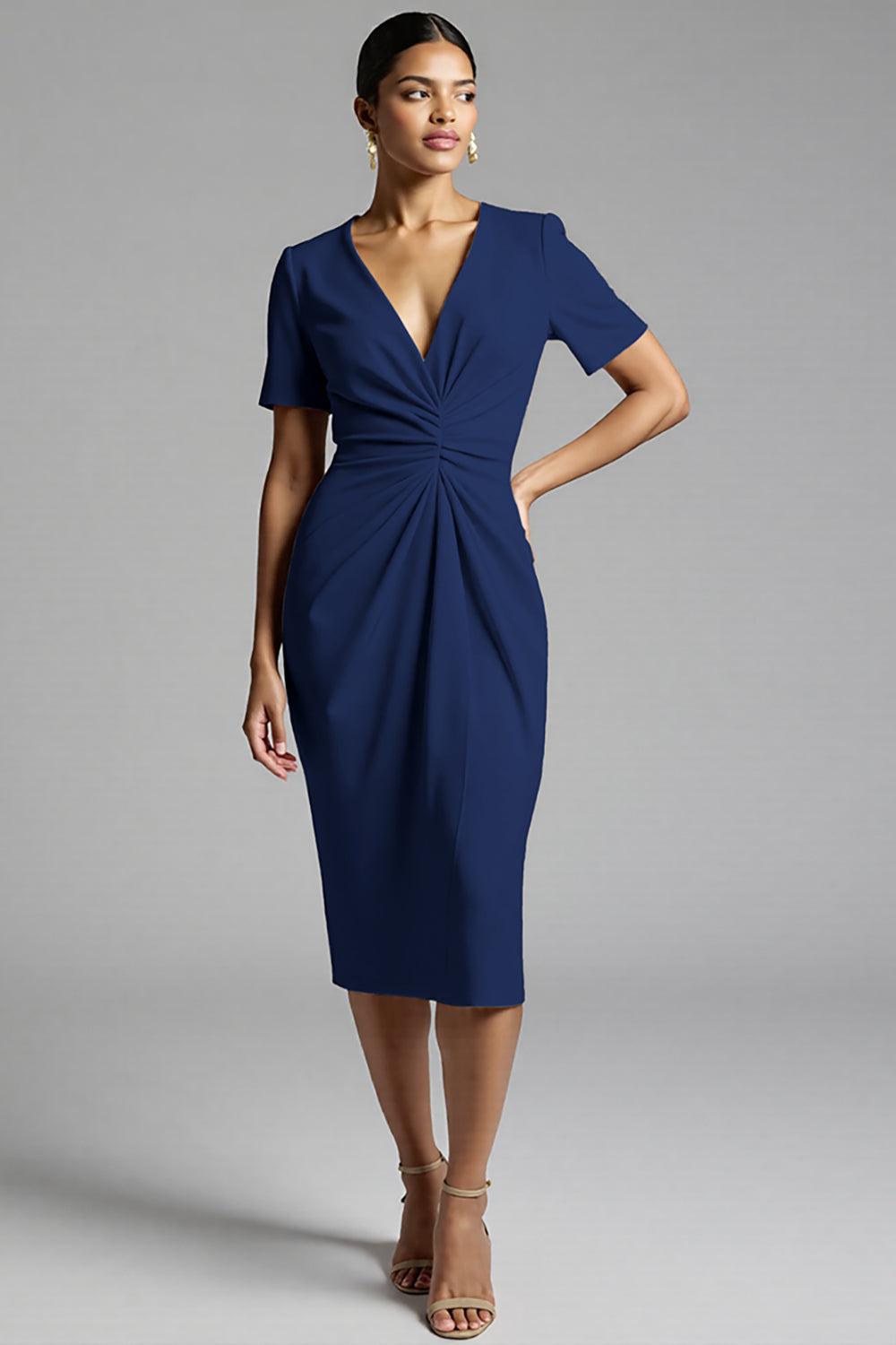Ruched Champagne Bodycon Midi Dress