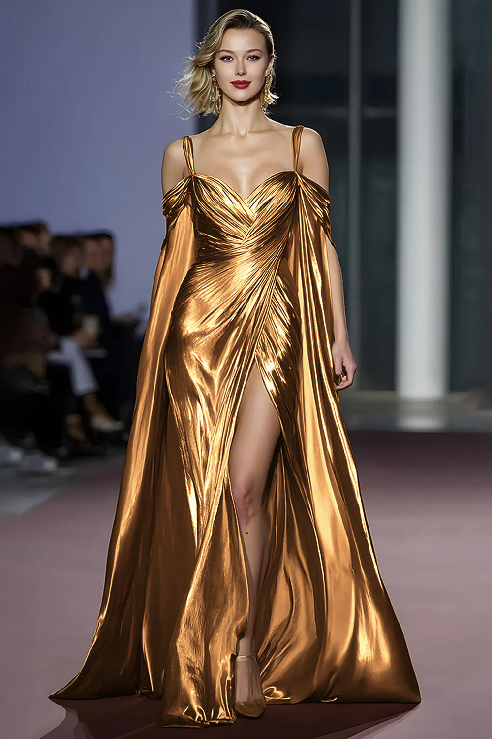 Metallic Golden Mermaid Cold Shoulder Ruched Gala Dress With Slit