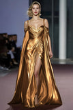 Metallic Golden Mermaid Cold Shoulder Ruched Gala Dress With Slit