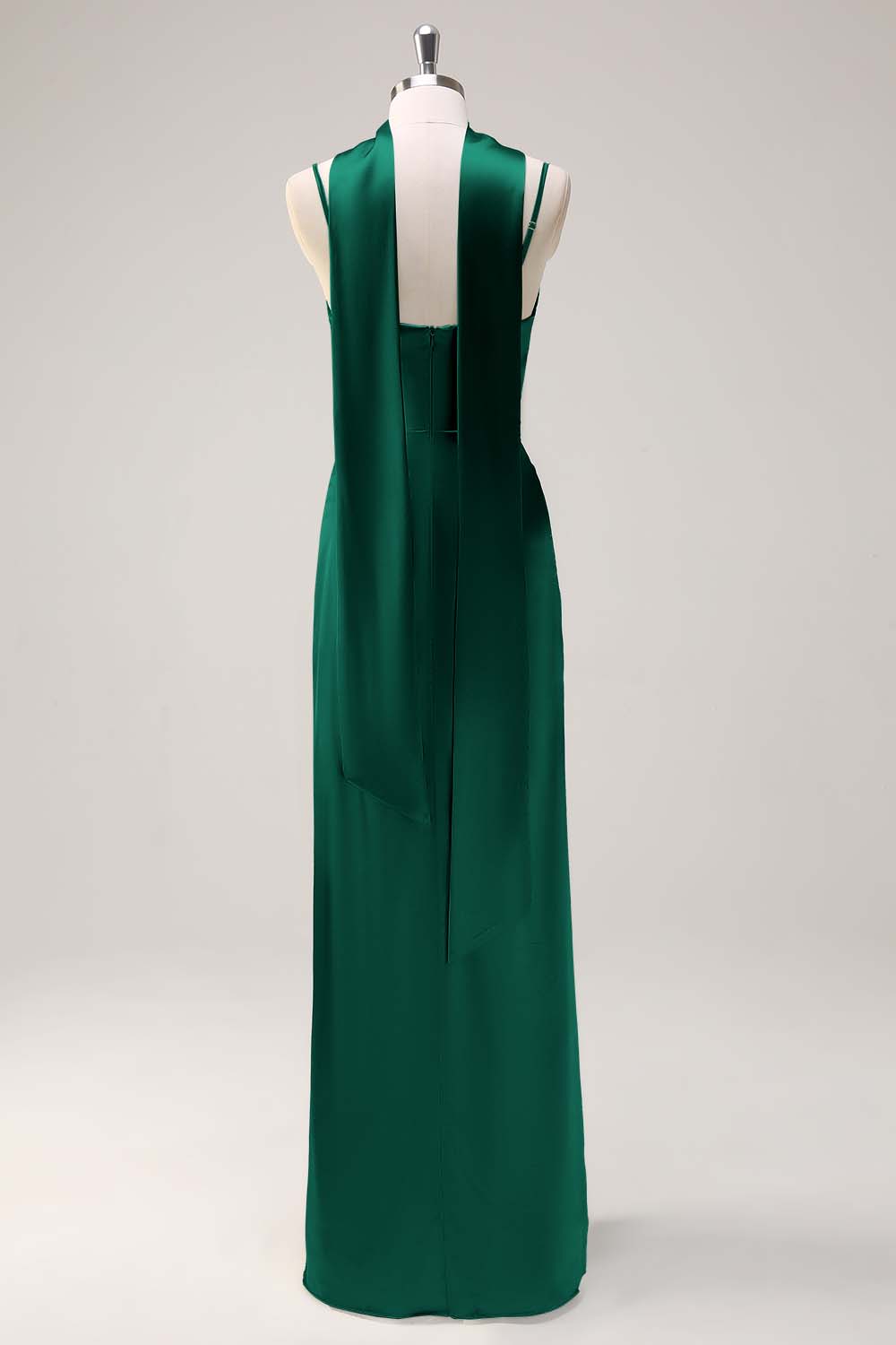 Sage Sheath Spaghetti Straps Slit Bridesmaid Dress with Ribbon