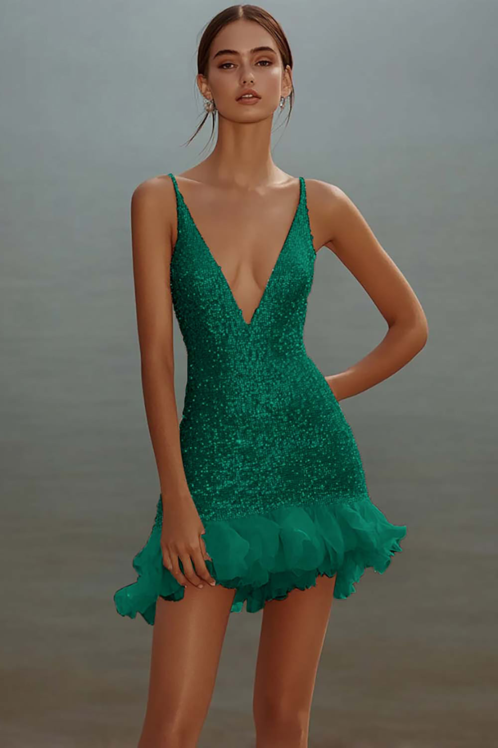 Sparkly White V-Neck Mini Dress With Ruffles