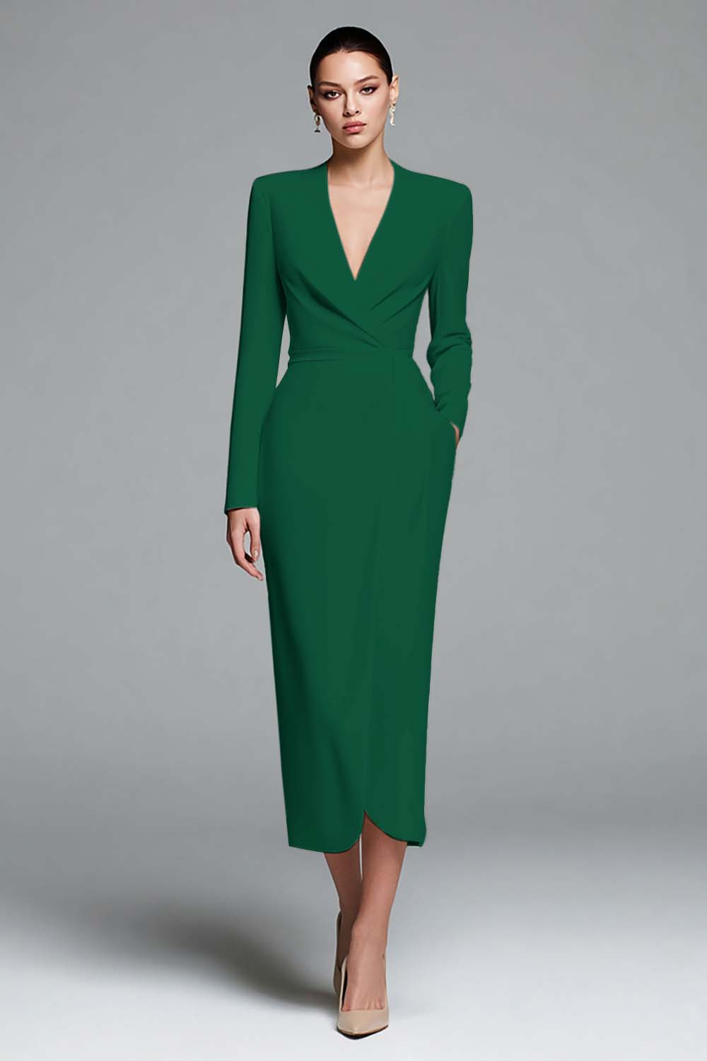 Ivory Sheath V-Neck Work Dress With Long Sleeves