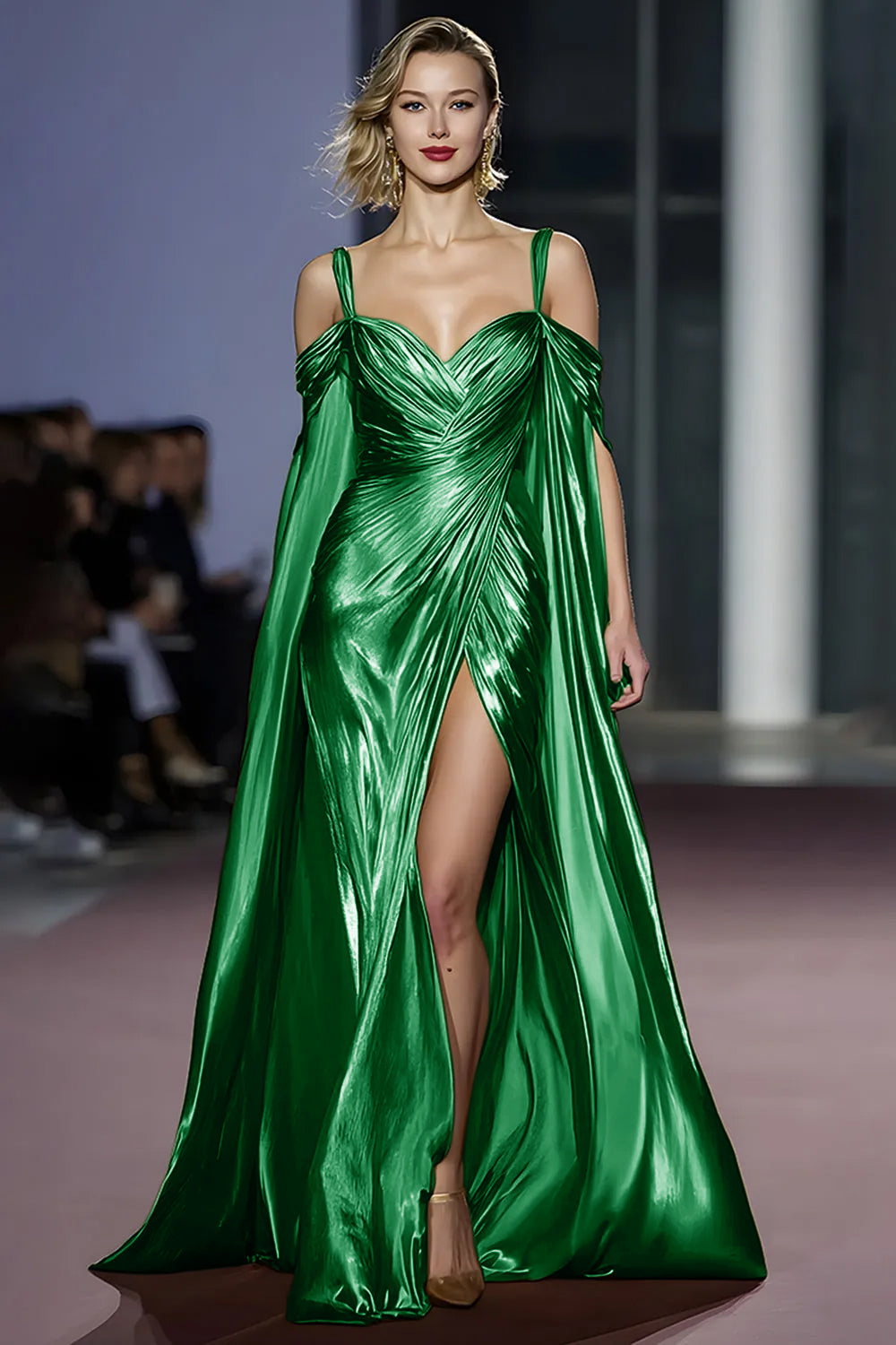 Metallic Golden Mermaid Cold Shoulder Ruched Gala Dress With Slit