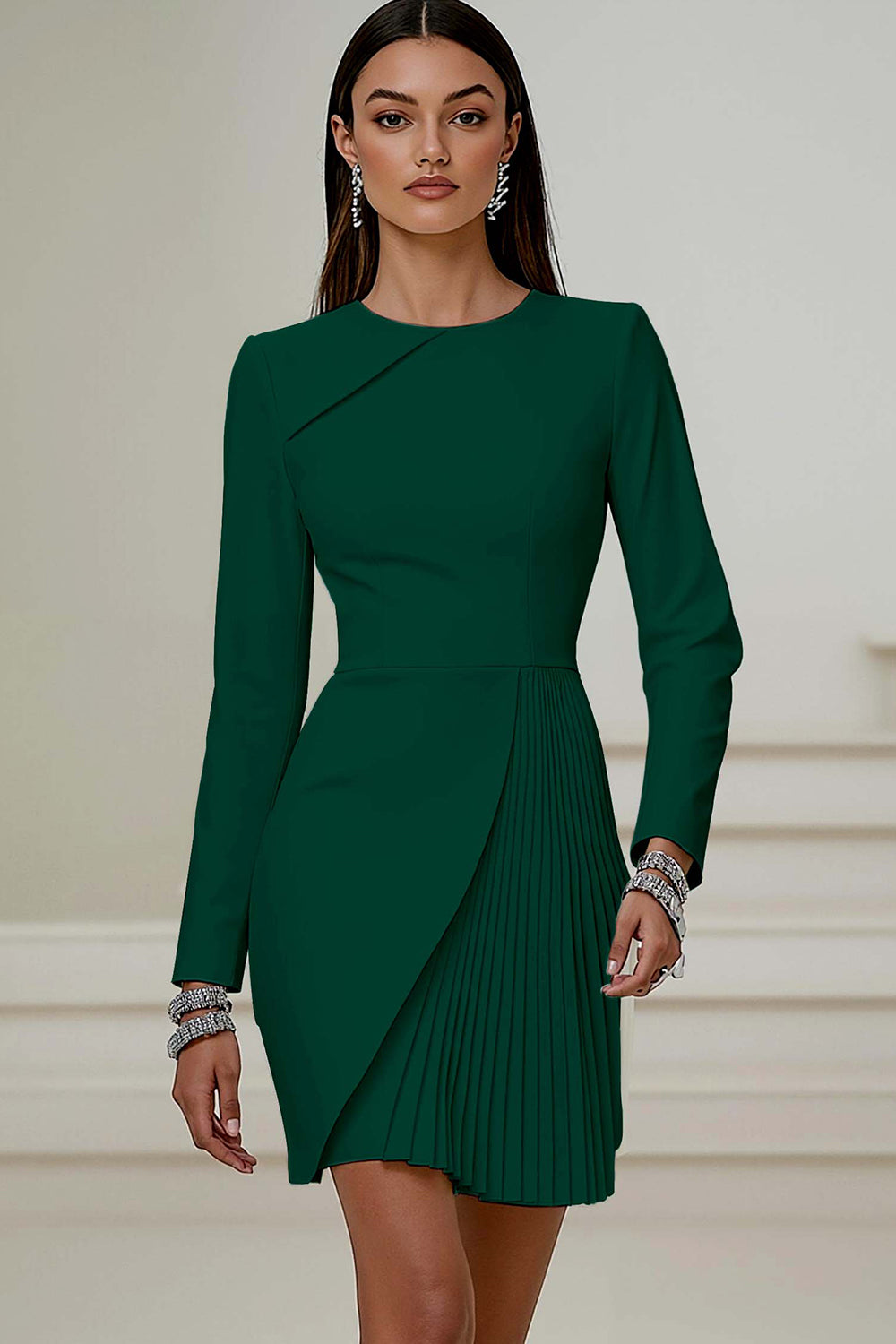 Pencil Pleated Ivory Work Dress With Long Sleeves