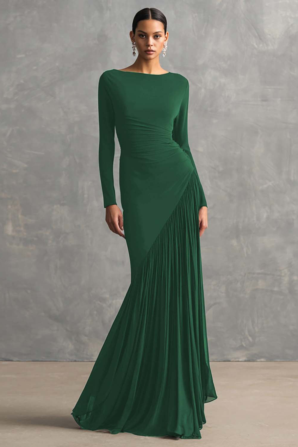 Black Pleated Mermaid Bateau Neck Formal Dress with Long Sleeves