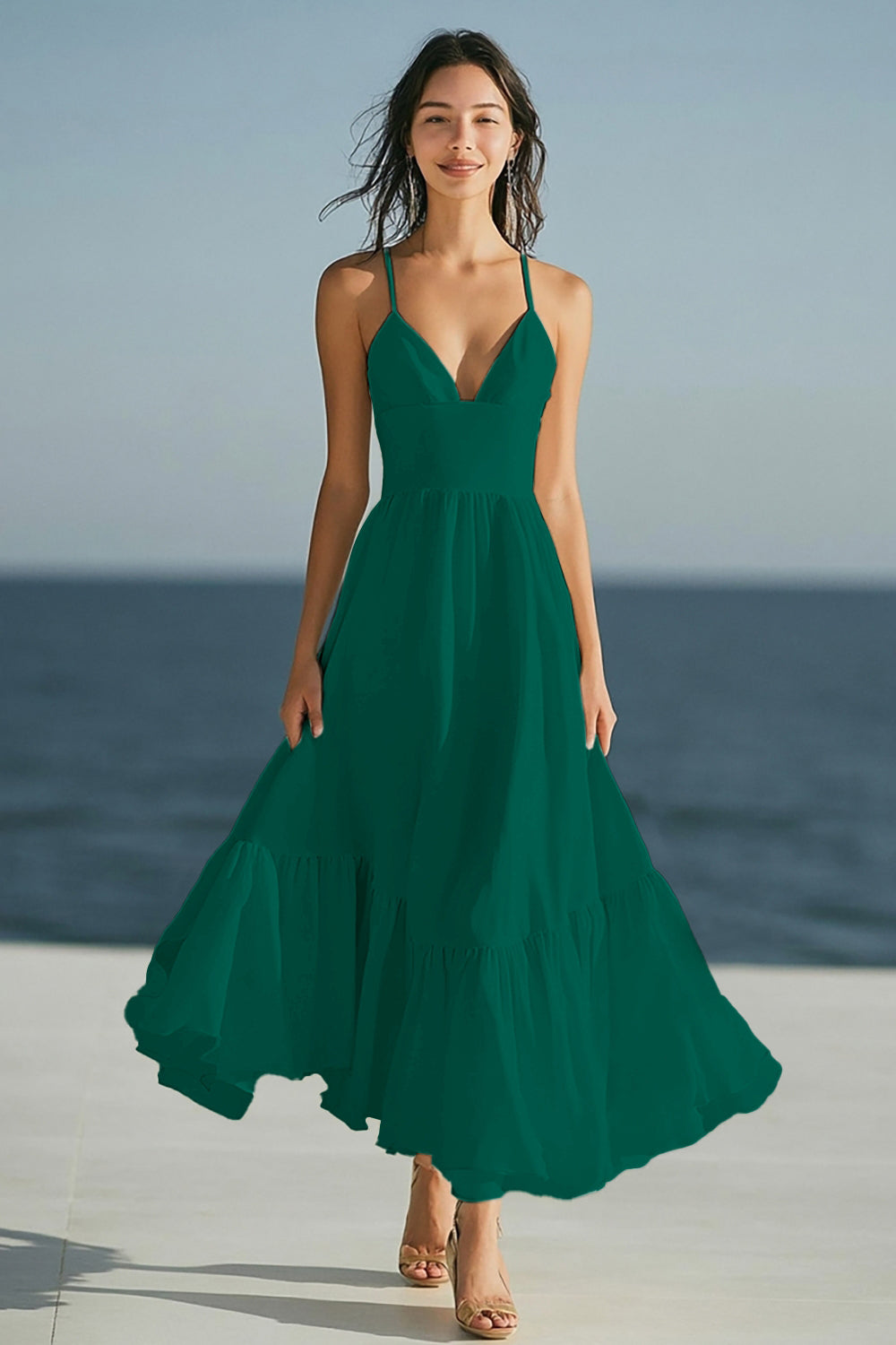 Ivory A Line Spaghetti Straps Long Holiday Dress