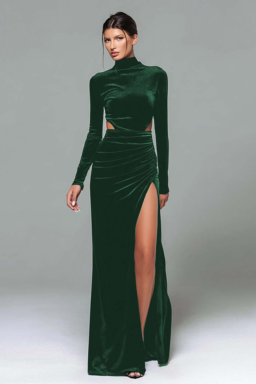 Black Velvet Cut Out High Neck Long Sleeve Formal Dress with Slit