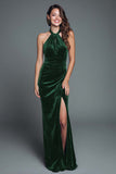 Halter Burgundy Velvet Sheath Holiday Dress With Slit