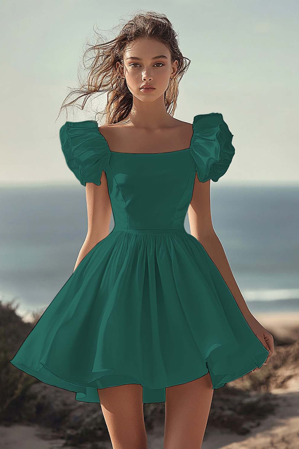 White Puff Sleeve A Line Satin Graduation Dress