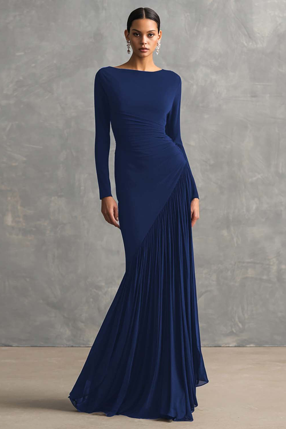 Black Pleated Mermaid Bateau Neck Formal Dress with Long Sleeves